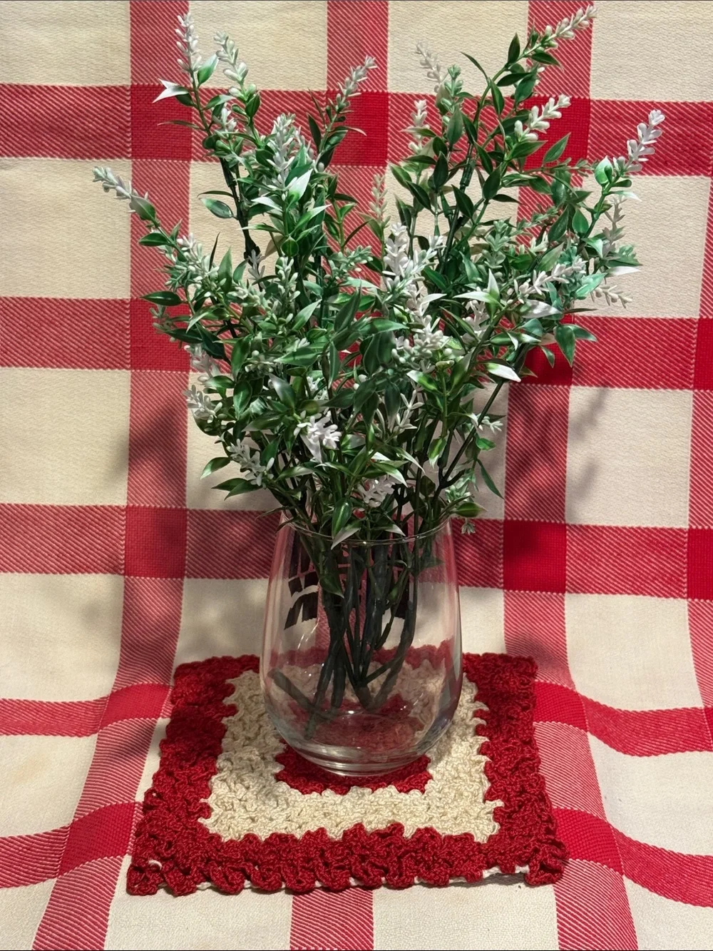 Handmade Red and Cream Crochet Pot Holder or Hot Pad for Table